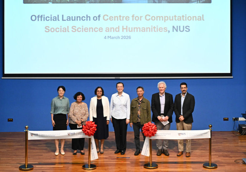 Present at the launch of the Centre for Computational Social Science and Humanities at NUS today were (from left to right) CSSH Deputy Director Assoc Prof Dandan Qiao from NUS School of Computing; CSSH Co-Director Prof Atreyi Kankanhalli from NUS School of Computing; Prof Tulika Mitra, Dean of NUS School of Computing; Prof Liu Bin, NUS Deputy President (Research and Technology); Prof Lionel Wee, Dean of NUS Faculty of Arts and Social Sciences; CSSH Co-Director Prof Peter Millican from NUS Faculty of Arts and Social Sciences; and Assoc Prof Miguel Escobar Varela from NUS Faculty of Arts and Social Sciences.