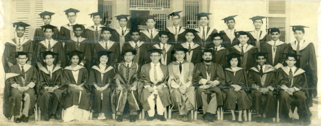 Economics graduating class of 1960, with faculty members (from left) Lim Tay Boh, Thomas Silcock, Charles Gamba, and Ungku Aziz. The class included two who eventually joined the Department as faculty members, Lee Soo Ann (third from left in the back row) and Amina Tyabji (seated, third from left), and a future cabinet minister, Suppiah Dhanabalan (seated, second from right).