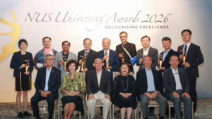 First row (from left to right): NUS President Prof Tan Eng Chye; NUS Pro-Chancellor Dr Noeleen Heyzer; NUS Pro-Chancellor Mr Po’ad Mattar; NUS Pro-Chancellor Mrs Theresa Foo; NUS Chairman Mr Hsieh Fu Hua; and NUS Deputy President (Academic Affairs) and Provost Prof Aaron Thean. Back row (from left to right): Assoc Prof Cynthia Chen; Assoc Prof Robin Loon; Prof Abhik Roychoudhury; Prof Bernard Tan; Mr Seah Moon Ming; Prof Ashok Venkitaraman; Prof Liu Xiaogang; Assoc Prof Stephen Tay; and Asst Prof Liu Boxiang.