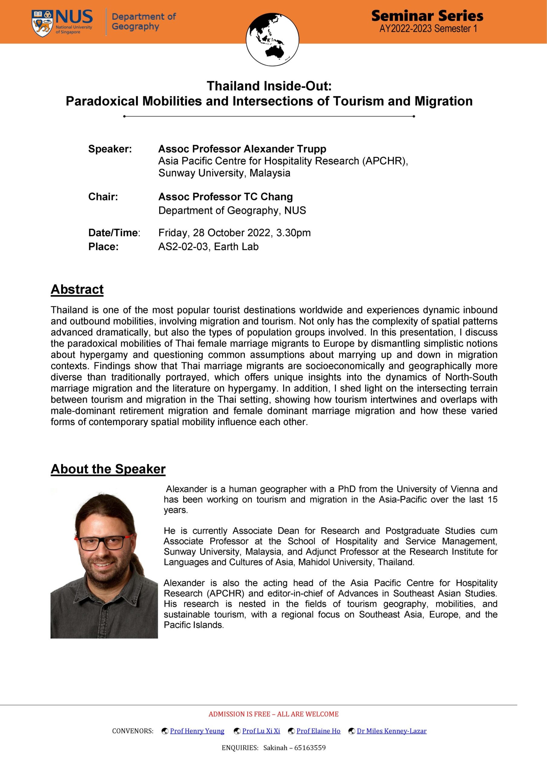 Seminar: Thailand Inside-Out:
Paradoxical Mobilities and Intersections of Tourism and Migration