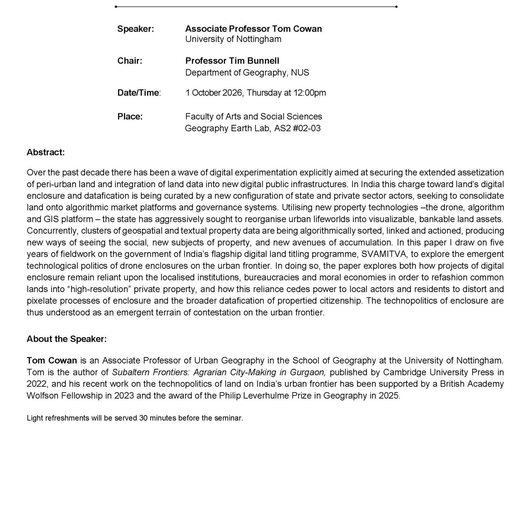 Seminar notice - Tom Cowan