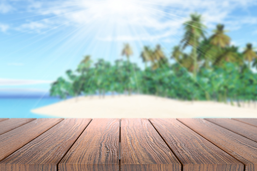 3D render of a wooden table looking out to a tropical island in sea