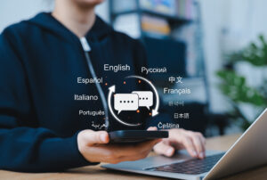 Multilingual language translation technology concept. Woman using smartphone with icons languages, global language translate, multilingual communication, and international connections. AI translator,