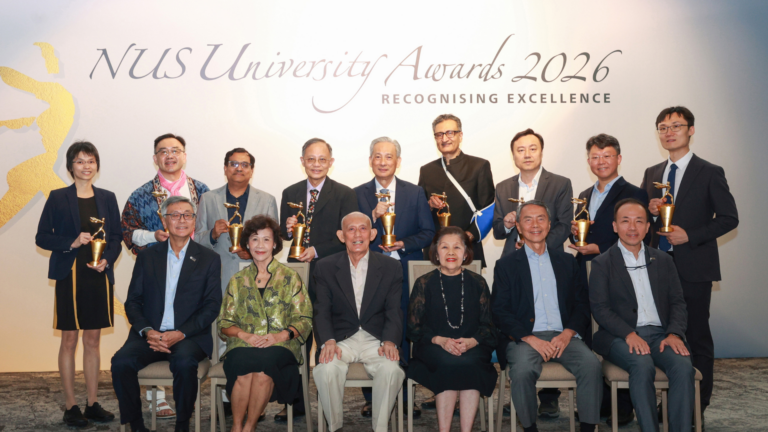 First row (from left to right): NUS President Prof Tan Eng Chye; NUS Pro-Chancellor Dr Noeleen Heyzer; NUS Pro-Chancellor Mr Po’ad Mattar; NUS Pro-Chancellor Mrs Theresa Foo; NUS Chairman Mr Hsieh Fu Hua; and NUS Deputy President (Academic Affairs) and Provost Prof Aaron Thean. Back row (from left to right): Assoc Prof Cynthia Chen; Assoc Prof Robin Loon; Prof Abhik Roychoudhury; Prof Bernard Tan; Mr Seah Moon Ming; Prof Ashok Venkitaraman; Prof Liu Xiaogang; Assoc Prof Stephen Tay; and Asst Prof Liu Boxiang.