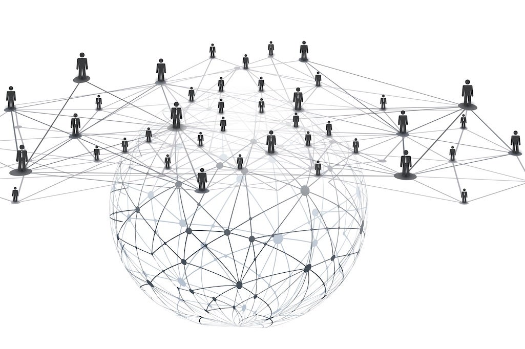 Black and White Networks, Business or Social Media Connections Concept Design with Grey Globe and 3D Wireframe Mesh on Isolated White Background - Businessman Figures Connected with Polygonal Mesh