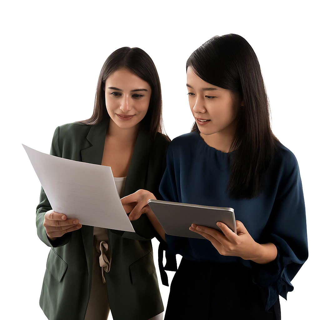 Transparent Background removed Medium Two women discuss work shutterstock_2737790345